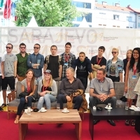 Hans Petter Moland and Miodrag Krstović with young cinephiles, IN ORDER OF DISAPPEARANCE, Coffee With... Programme, Festival Square, Sarajevo Film Festival, 2014 (C) Obala Art Centar