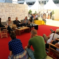 Goran Navojec, Hans Petter Moland and Miodrag Krstović, IN ORDER OF DISAPPEARANCE, Coffee With... Programme, Festival Square, Sarajevo Film Festival, 2014 (C) Obala Art Centar