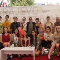 Gael García Bernal with Young Cinephiles, Coffee With... Programme, Festival Square, Sarajevo Film Festival, 2014 (C) Obala Art Centar