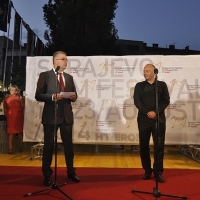 Chairman of the Board and CEO of HT Eronet Stipe Prlić, Director of SFF Mirsad Purivatra, Welcome Drink, Festival Square, 20th Sarajevo Film Festival, 2014 (C) Obala Art Centar
