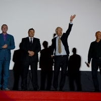 Hans Petter Moland - director of IN ORDER OF DISAPPEARANCE greeting the Audience with Miodrag Krstić and Goran Navojec - Actors of the film IN ORDER OF DISAPPEARANCE, HT Eronet Open Air Cinema, Sarajevo Film Festival, 2014 (C) Obala Art Centar
